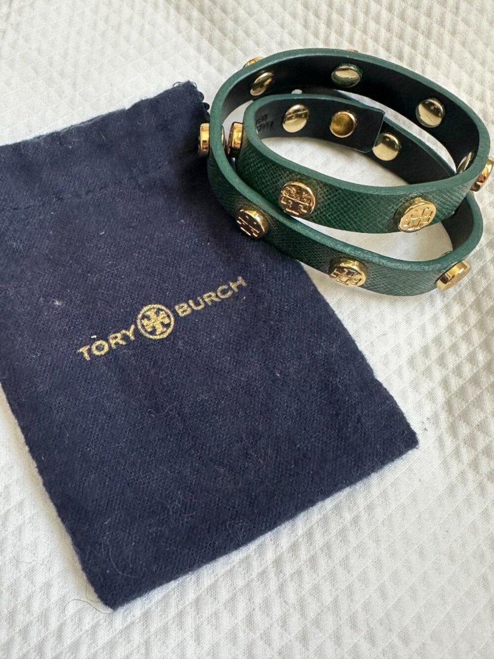 Tory Burch Green Saffiano Leather Double-Wrap Studded Bracelet